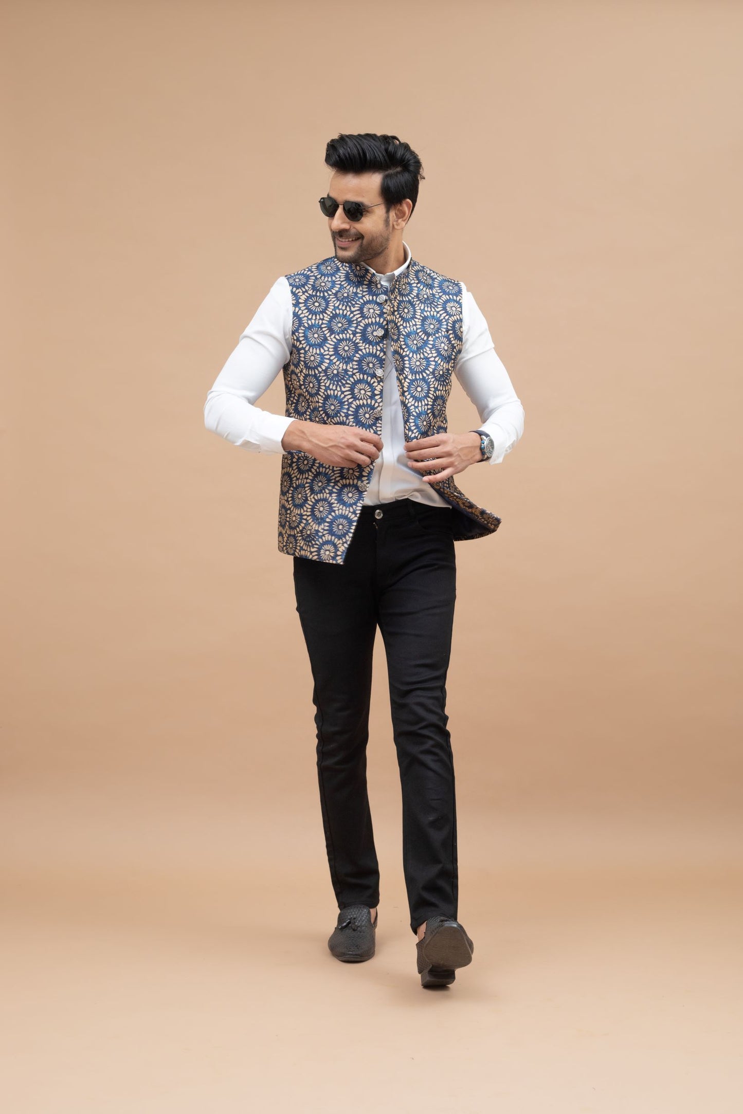 Blue Cotton Silk with Baze Print Nehru Jacket