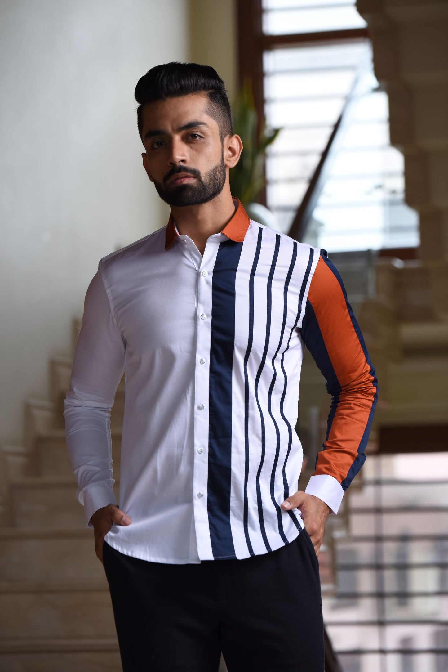 White Shirt With Blue Stripes & Rust Collar Shirt