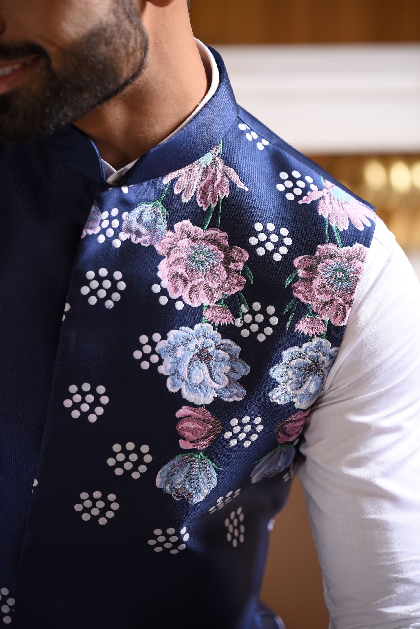 Blue Nehru Jacket with Floral Print
