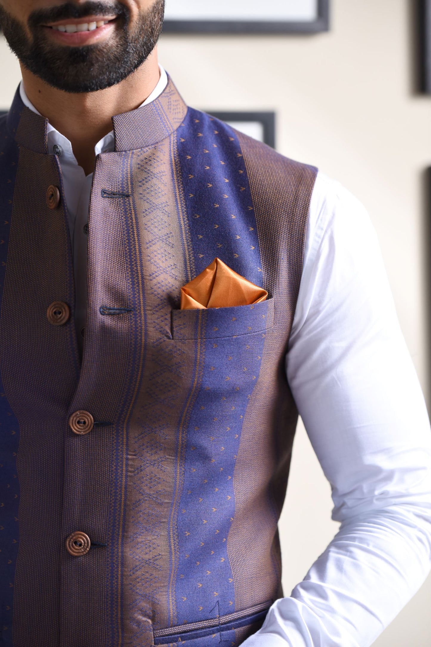 Blue & Brown Strip Print Nehru Jacket